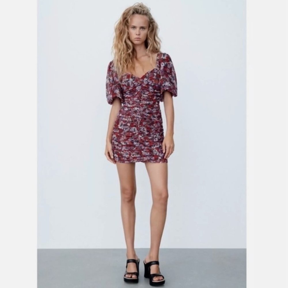 ZARA Floral Print Mini Dress Ruched Size M NEW WITH TAG! - Picture 4 of 12